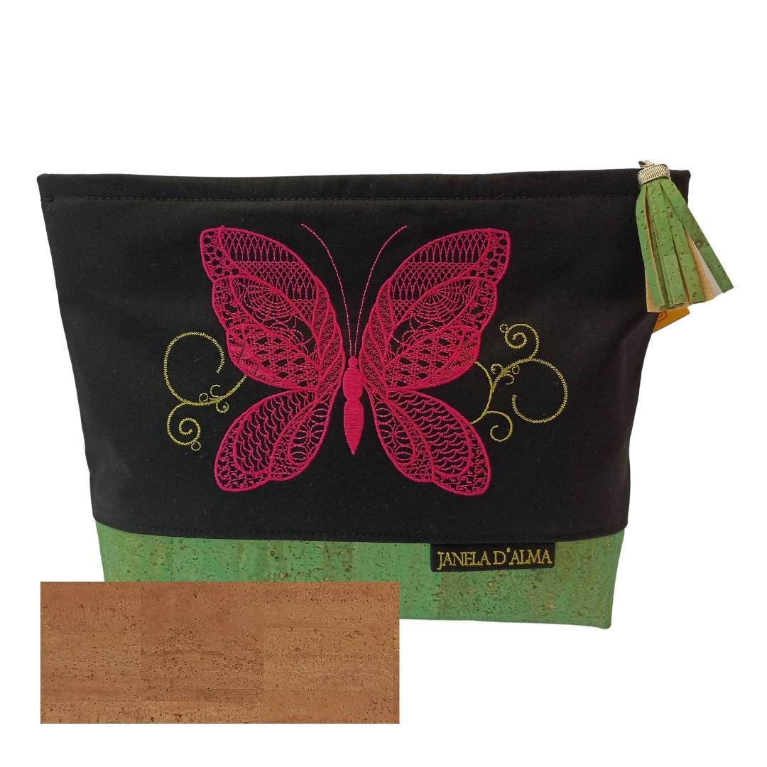 Sophisticated Clutch Bag in Cotton and Cork with Butterfly Embroidery