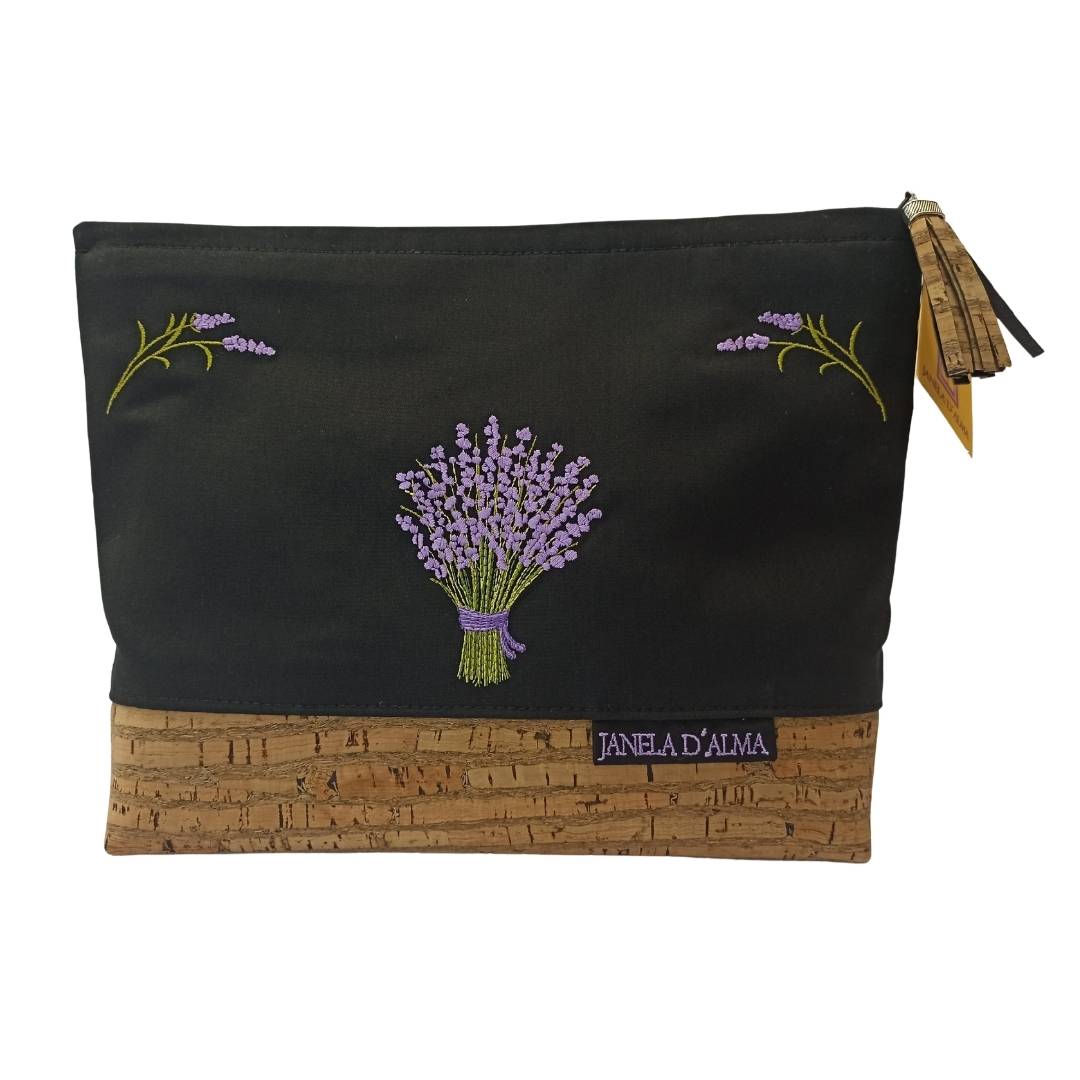 Timeless Clutch Bag in Cotton and Cork with Lavender Embroidery