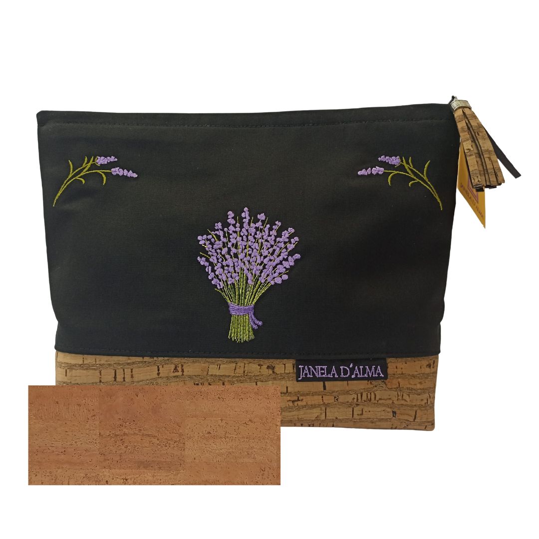 Timeless Clutch Bag in Cotton and Cork with Lavender Embroidery