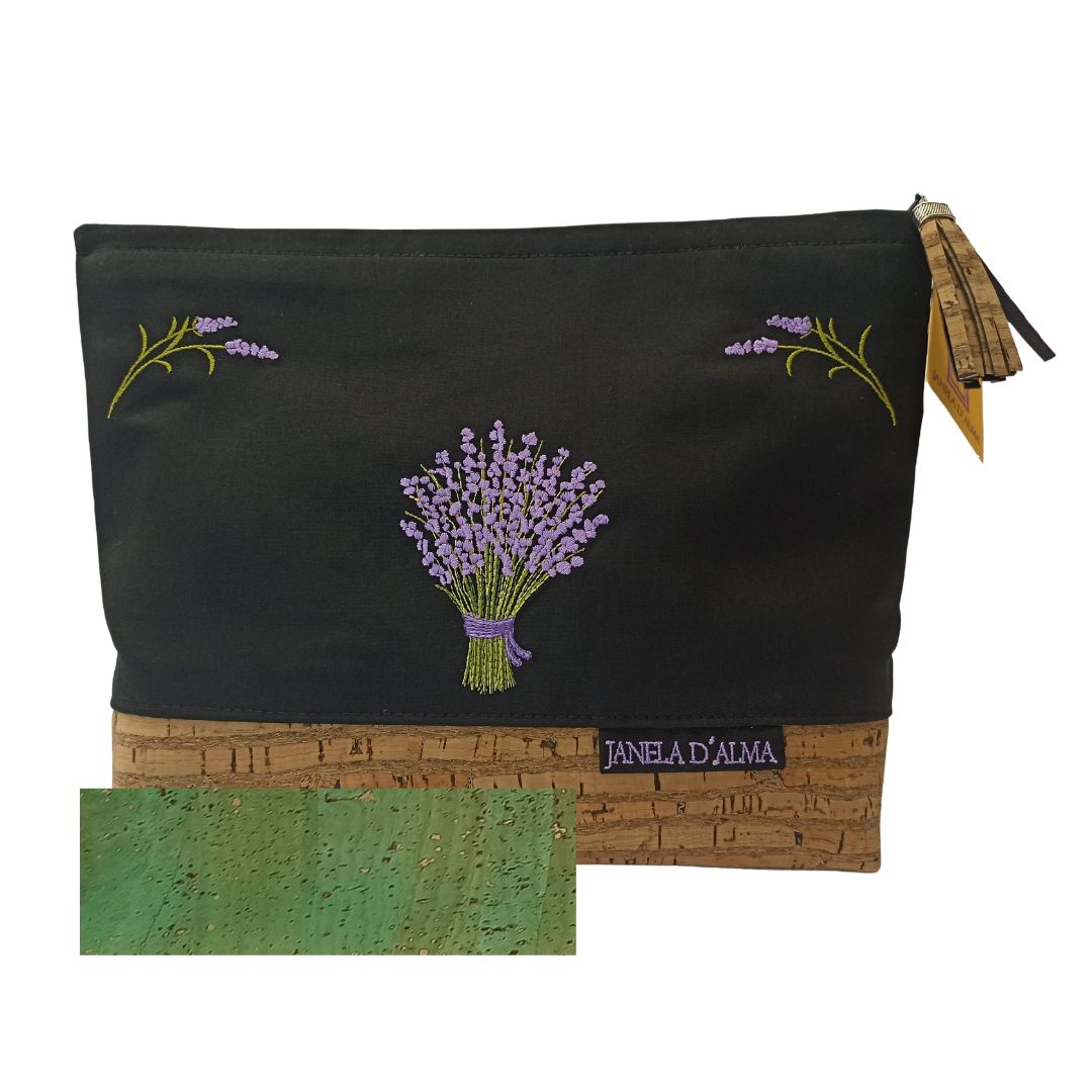 Timeless Clutch Bag in Cotton and Cork with Lavender Embroidery