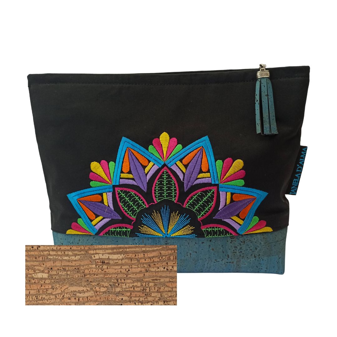 Chic Clutch Bag in Cotton and Cork with Mandala Embroidery