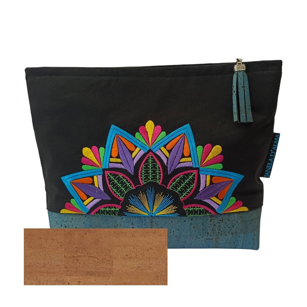 Chic Clutch Bag in Cotton and Cork with Mandala Embroidery