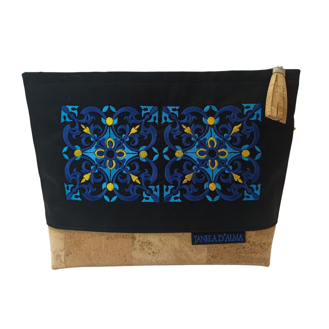 Elegant Clutch Bag in Cotton and Cork with Tile Embroidery