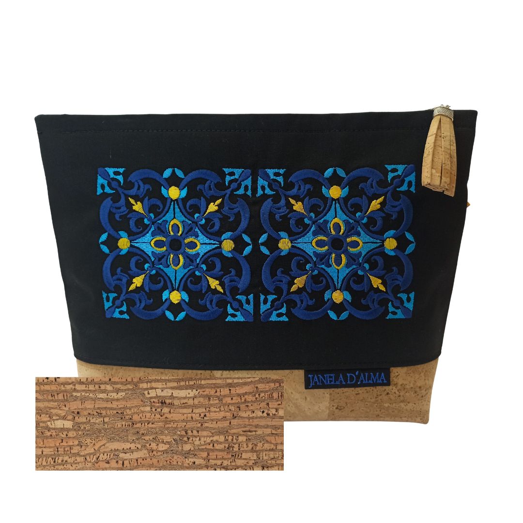 Elegant Clutch Bag in Cotton and Cork with Tile Embroidery