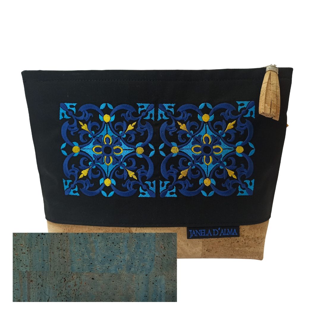 Elegant Clutch Bag in Cotton and Cork with Tile Embroidery