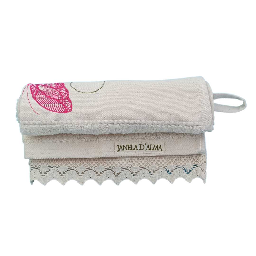 Cream Kitchen Hand Towel Butterfly with Lace Strip in cream color - Ring to Hang