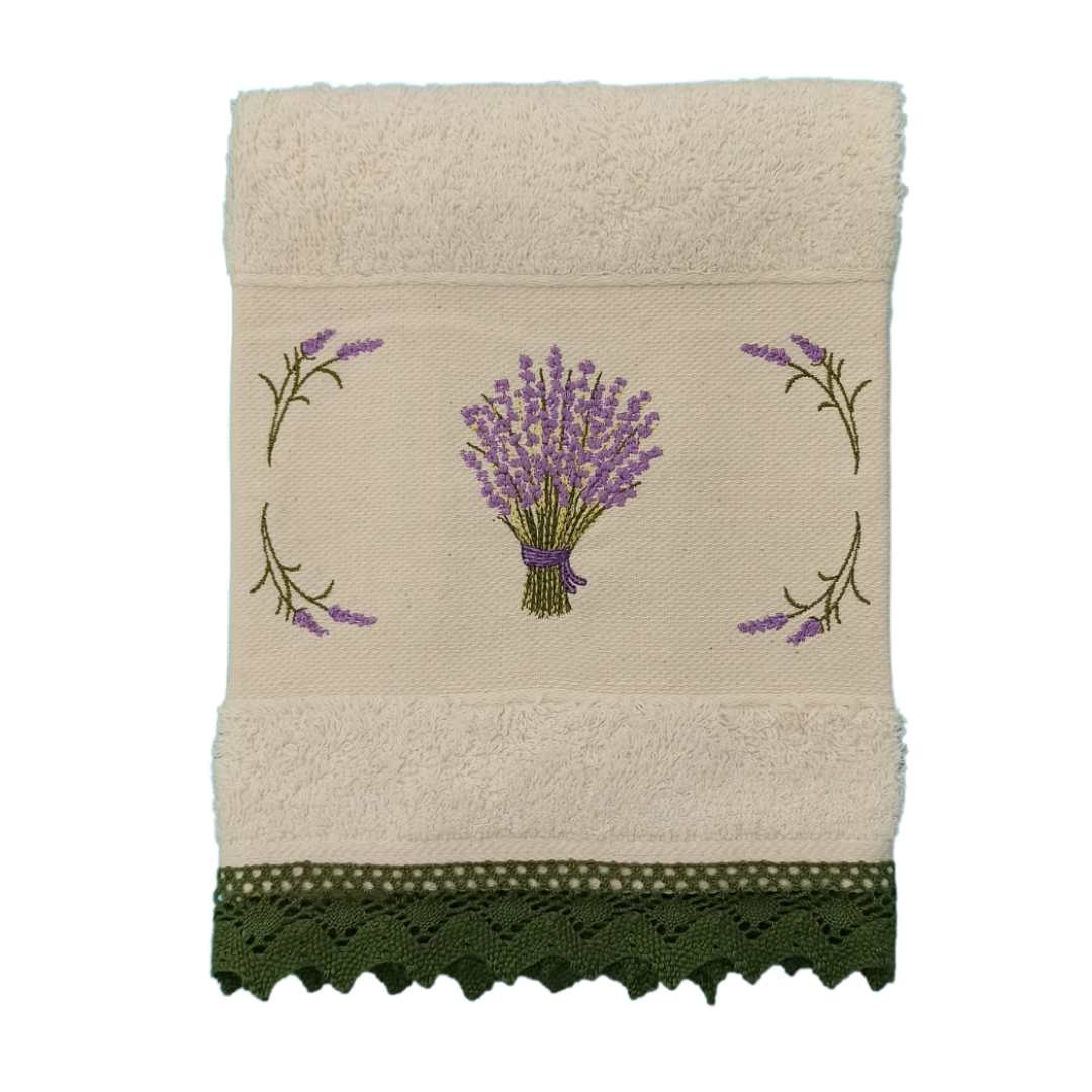 Cream Kitchen Hand Towel Lavander with Lace Strip in Dark Green Color