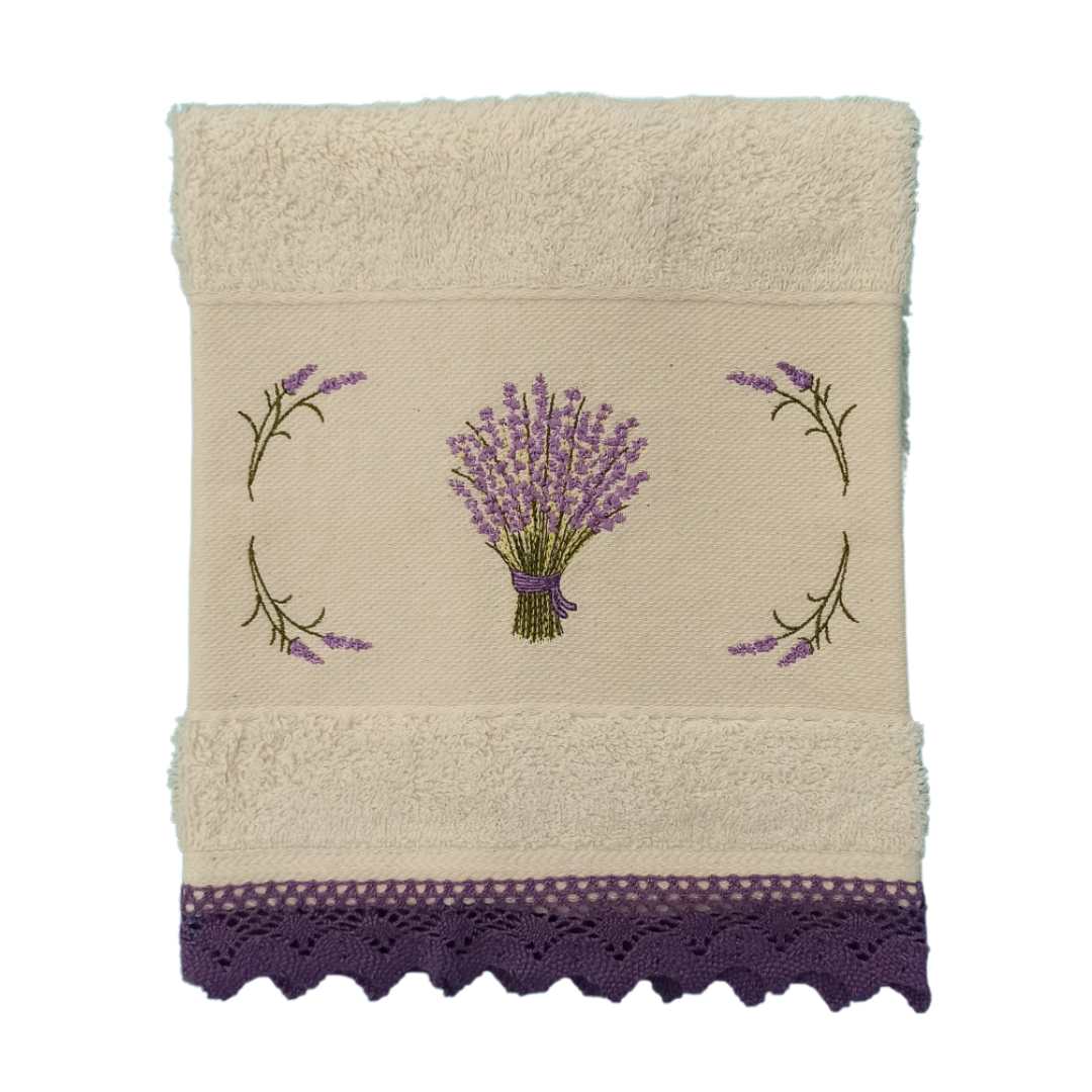 Cream Kitchen Hand Towel Lavander with Lace Strip in Lilac Color