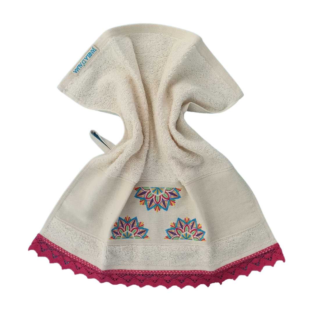 Cream Kitchen Hand Towel Mandala with Lace Strip in Bright Pink Color 3