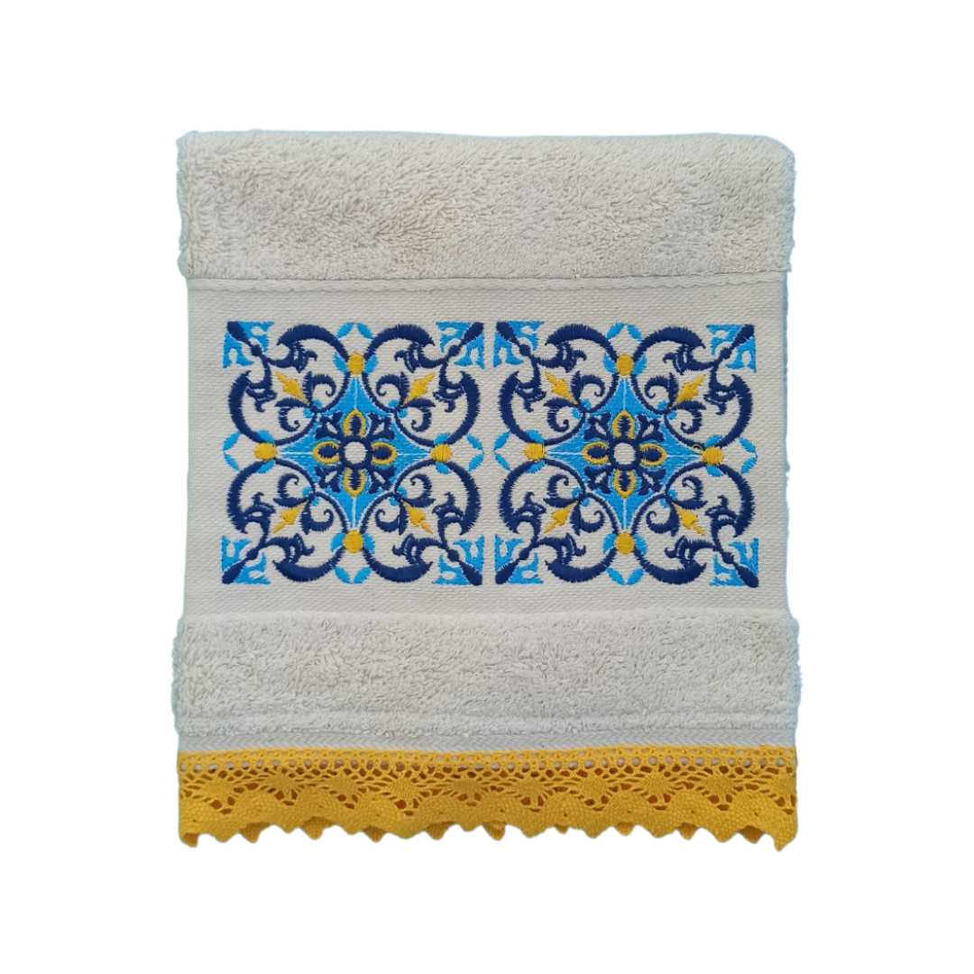 Cream Kitchen Hand Towel Tile with Lace Strip in Yellow Color