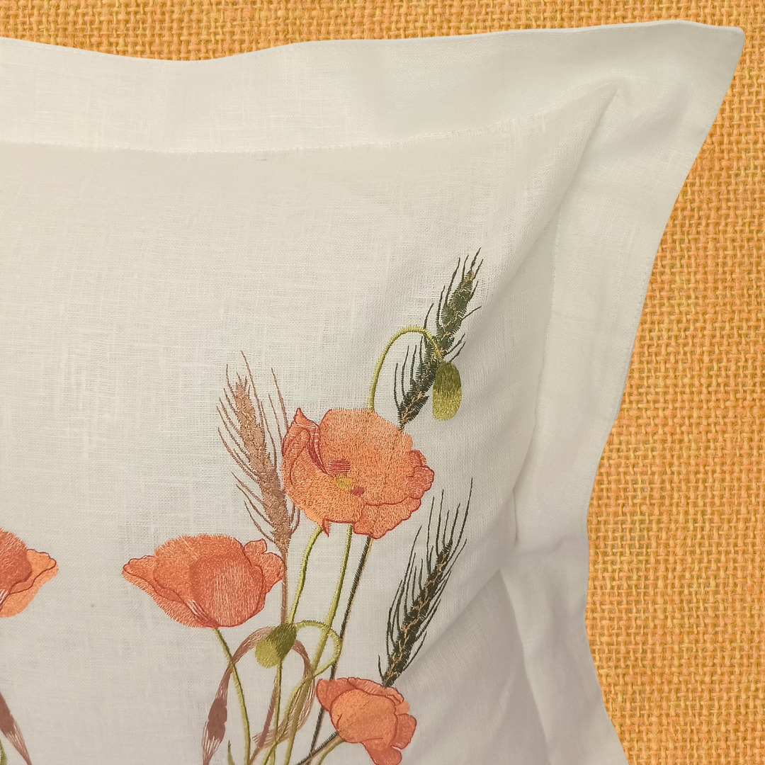 Linen Cushion Orange Poppy Details