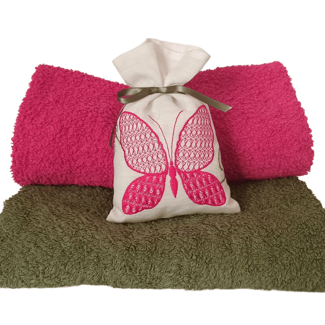 Linen Fragrance Sachet Butterffly on top of two terry towels, as a form of example of how to use.