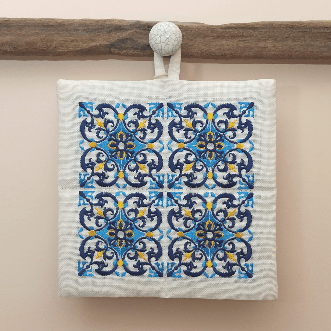 Linen Potholder Portuguese Tile - Front Image