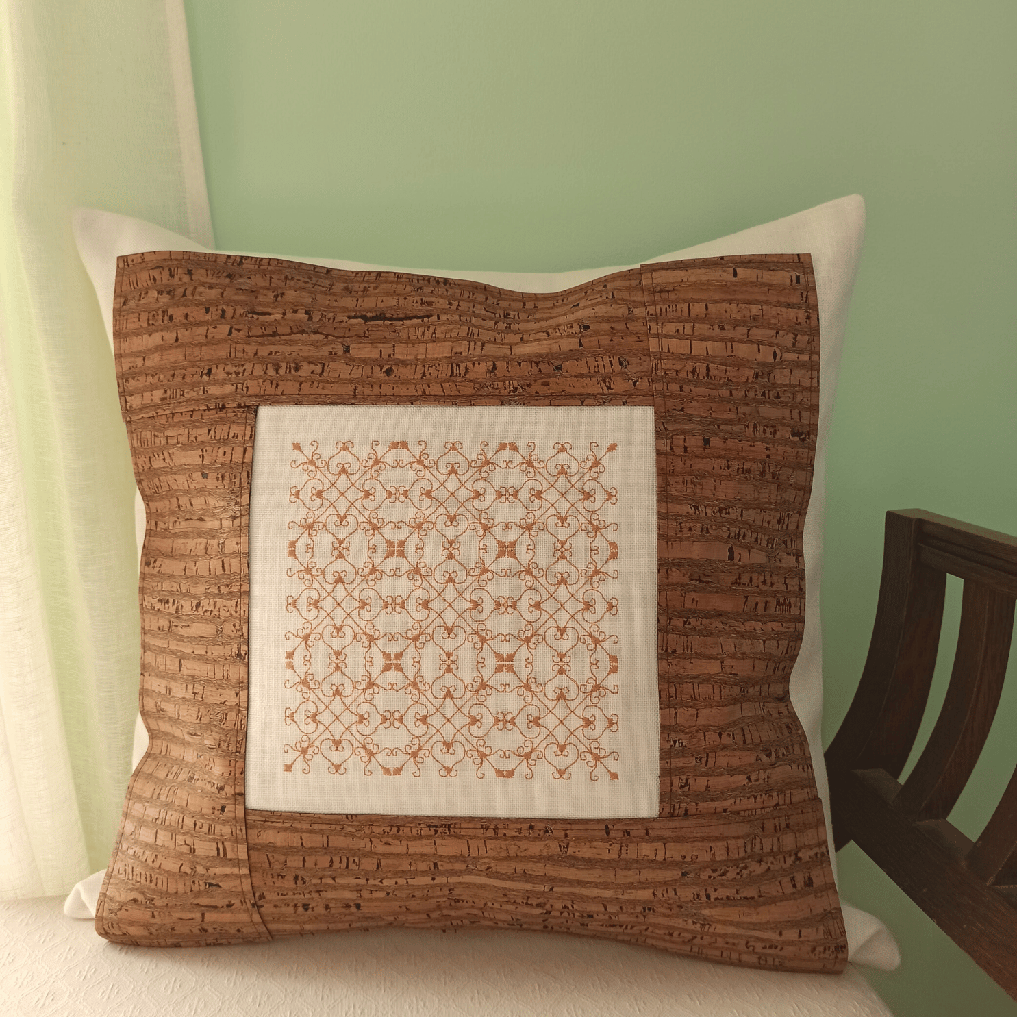 Linen & Cork Cushion Cover Portuguese Lace - Zebra - Front Image