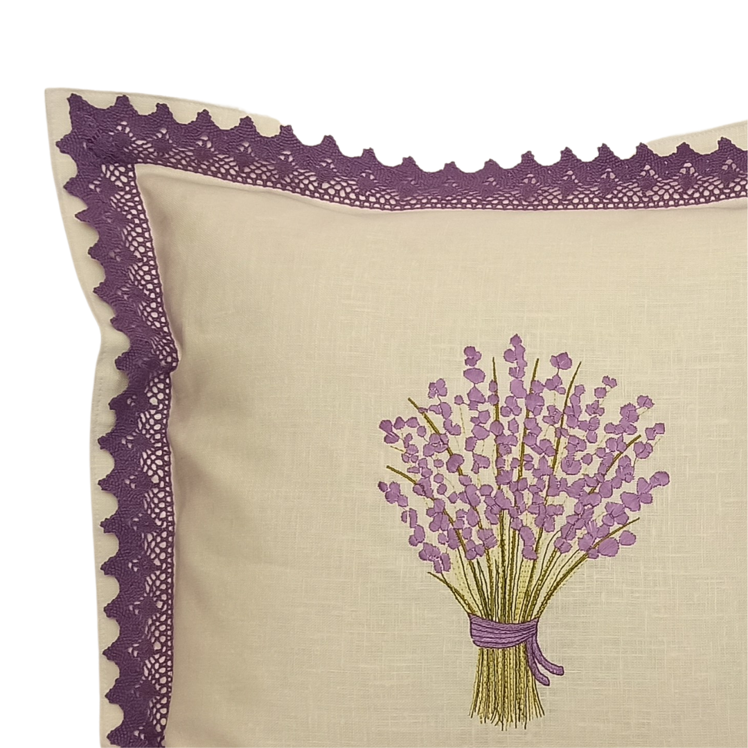 Linen Cushion Cover Lavander with Lace Strip - Front Image Details