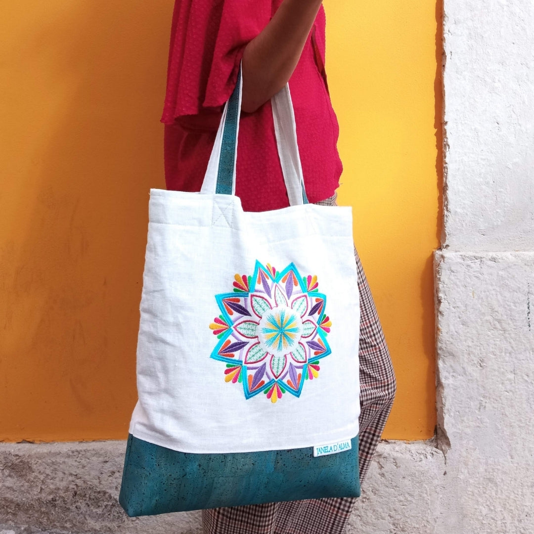 Women White Shoulder Bag Mandala with Cork Base in Medium Blue Color