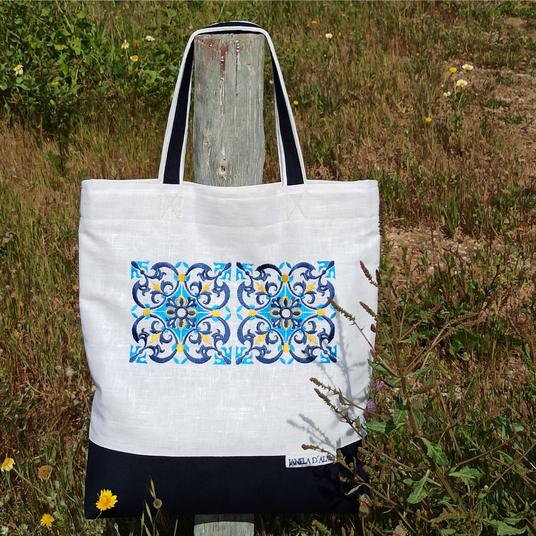 Women White Shoulder Bag Tile with Cork Base  in Dark Blue Color