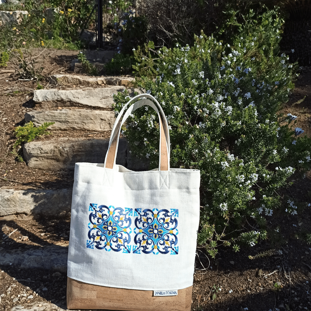 Women White Shoulder Bag Tile with Cork Base  in Natural Color