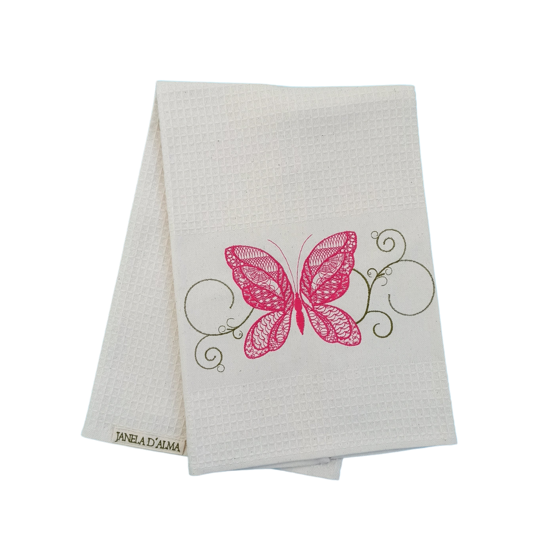 Cream Tea Towel with Butterfly Embroidery