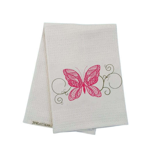 Cream Tea Towel with Butterfly Embroidery