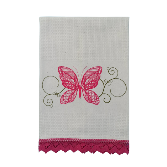 Cream Tea Towel with Butterfly Embroidery and Lace Trim