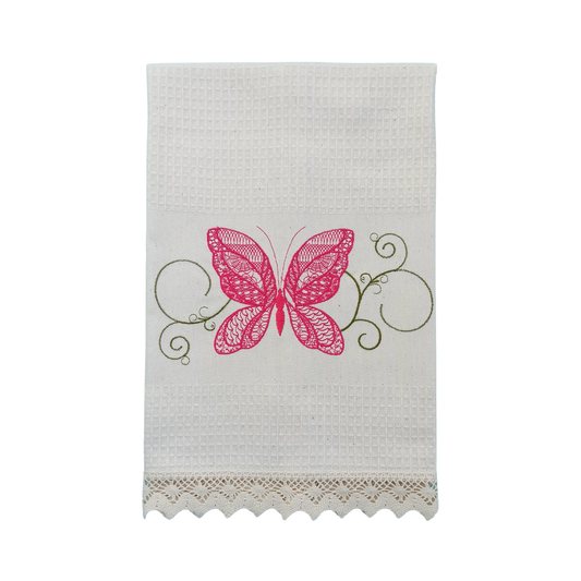 Cream Tea Towel with Butterfly Embroidery and Lace Trim