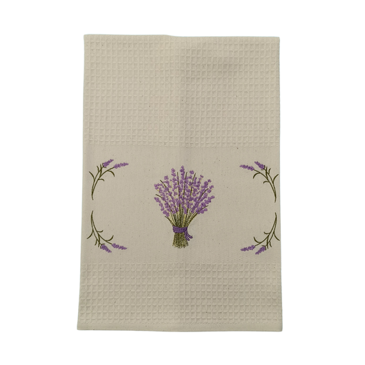 Cream Tea Towel with Lavender Embroidery