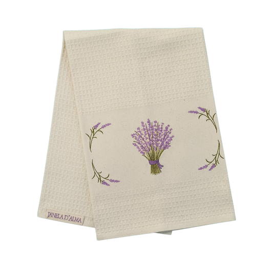 Cream Tea Towel with Lavender Embroidery