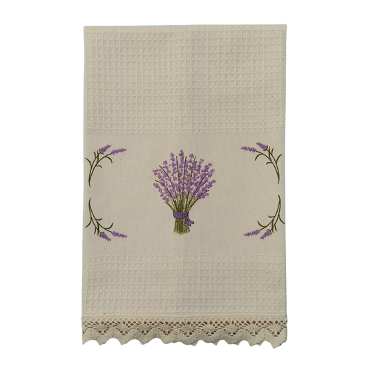 Cream Tea Towel with Lavender Embroidery and Lace Trim