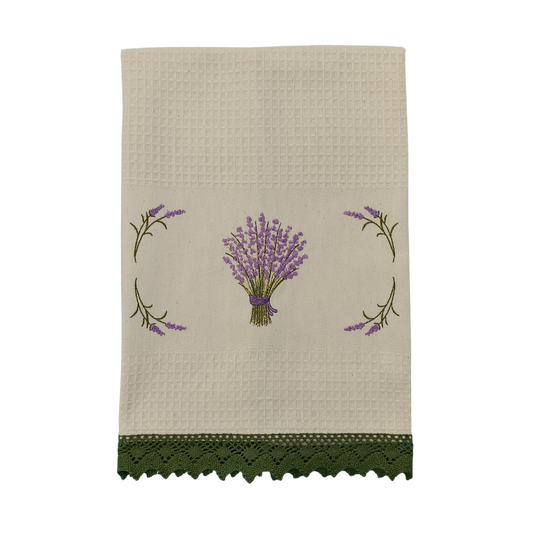 Cream Tea Towel with Lavender Embroidery and Lace Trim