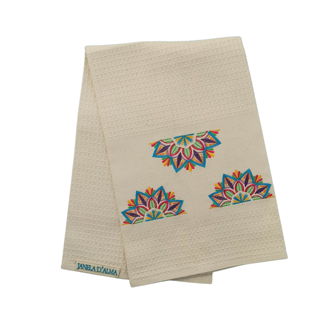 Cream Tea Towel with Mandala Embroidery