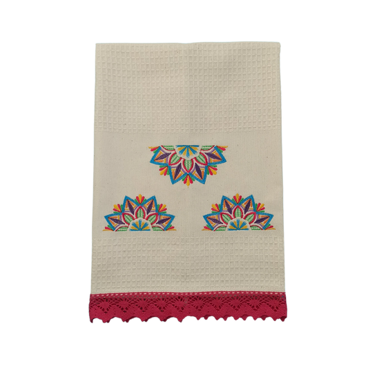 Cream Tea Towel with Mandala Embroidery and Lace Trim
