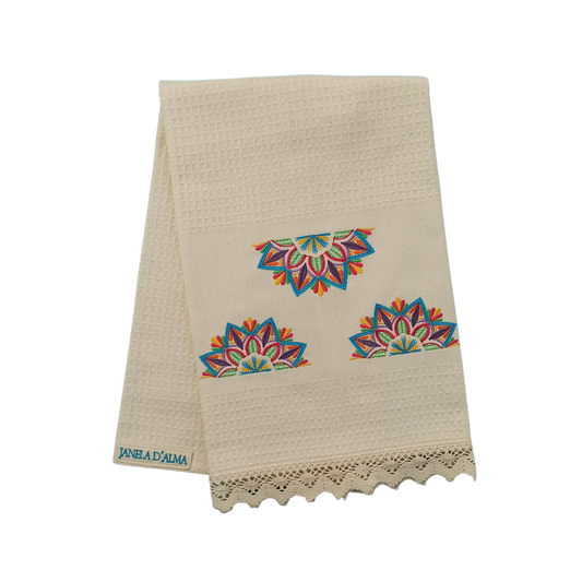 Cream Tea Towel with Mandala Embroidery and Lace Trim