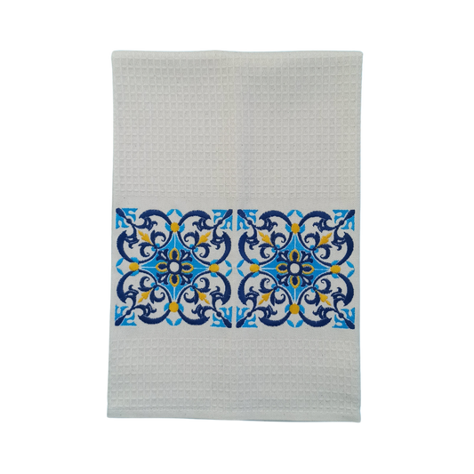Cream Tea Towel with Tile Embroidery