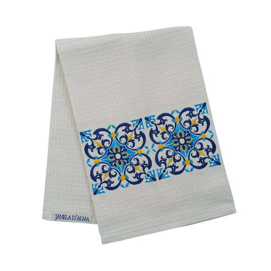 Cream Tea Towel with Tile Embroidery