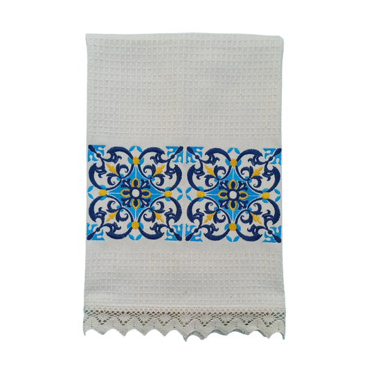 Cream Tea Towel with Tile Embroidery and Lace Trim