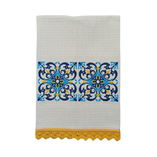 Cream Tea Towel with Tile Embroidery and Lace Trim
