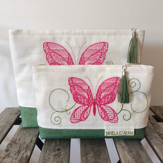 Sophisticated Clutch Bag in Linen and Cork with Butterfly Embroidery