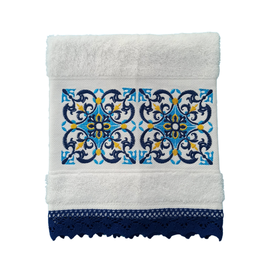 White Terry Towel with Tile Embroidery and Lace Trim