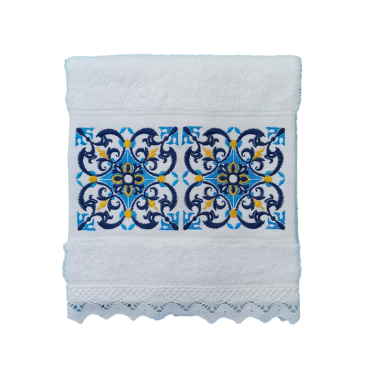 White Terry Towel with Tile Embroidery and Lace Trim