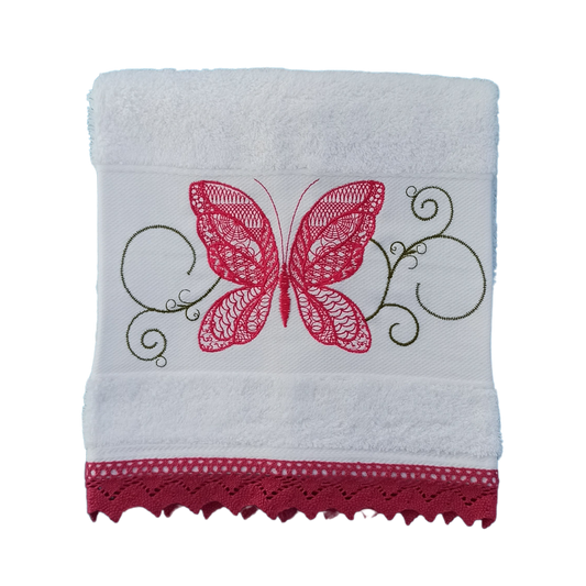 White Terry Towel with Butterfly Embroidery and Lace Trim
