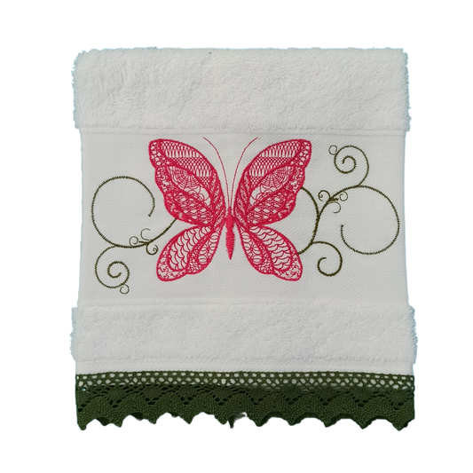 White Terry Towel with Butterfly Embroidery and Lace Trim