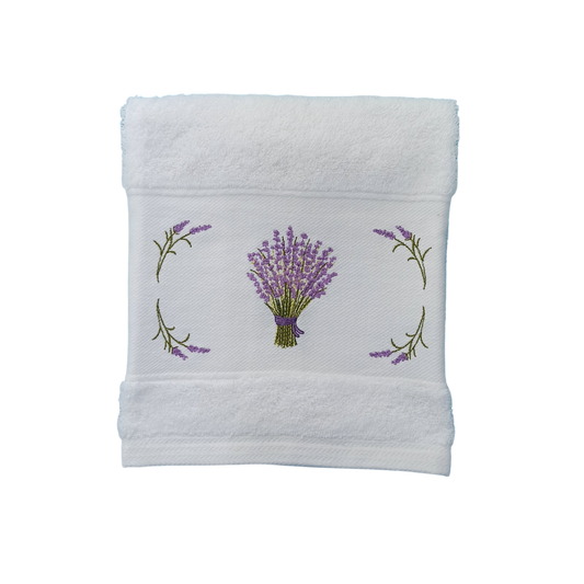 White Terry Towel with Lavender Embroidery