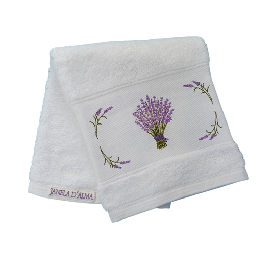 White Terry Towel with Lavender Embroidery