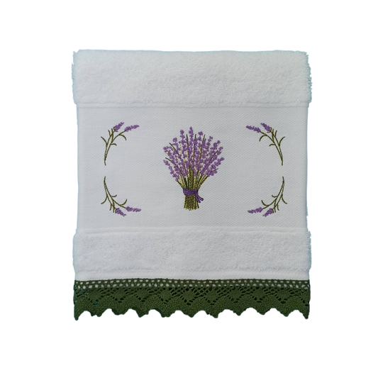 White Terry Towel with Lavender Embroidery and Lace Trim