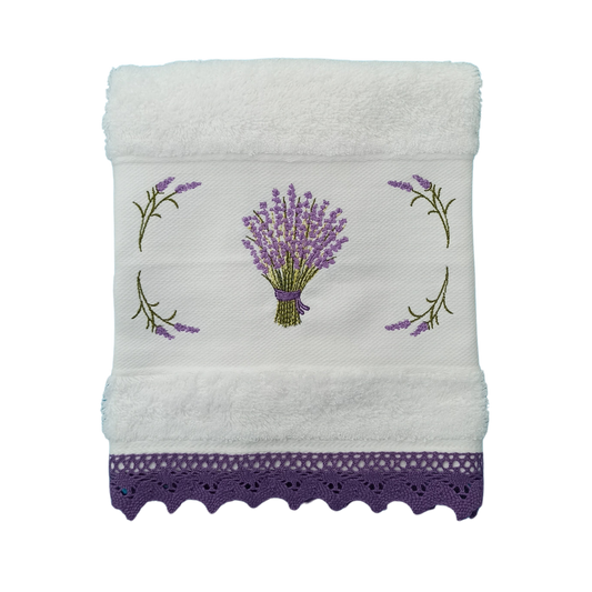 White Terry Towel with Lavender Embroidery and Lace Trim