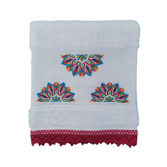 White Terry Towel with Mandala Embroidery and Lace Trim