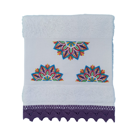 White Terry Towel with Mandala Embroidery and Lace Trim