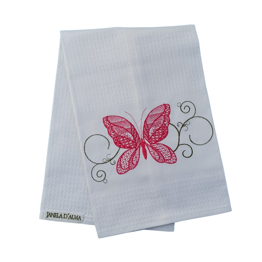 White Tea Towel with Butterfly Embroidery