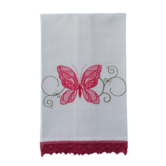 White Tea Towel with Butterfly Embroidery and Lace Trim